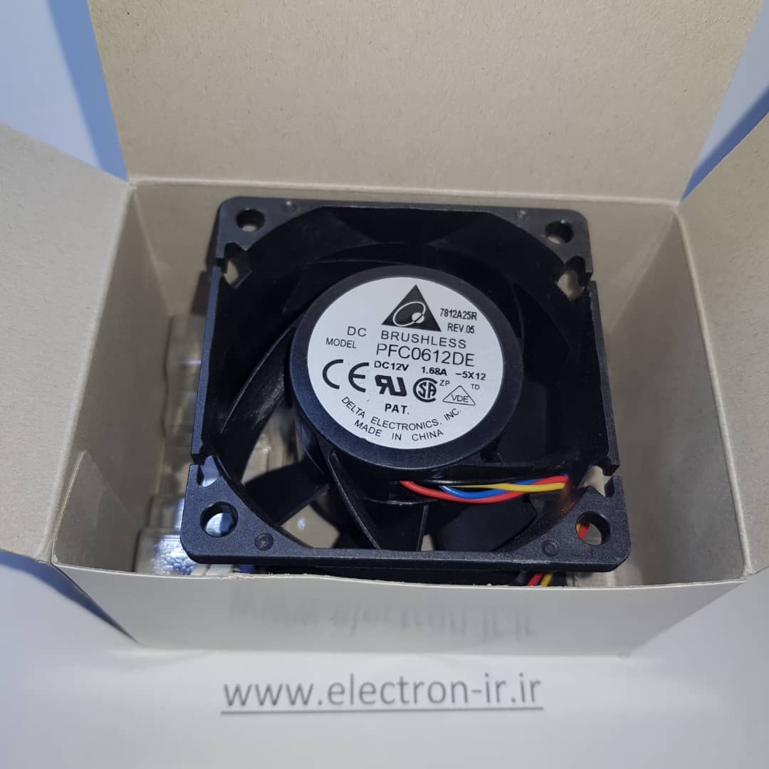 فن 6 سانتی دو بلبرینگ چهار سیم توربو 1.68 آمپر ضخامت 38mm دلتا اصل FAN 6038 DELTA ORGINAL DC BRUSHLESS 12VDC1.68A TOW BALL BEARINGS ORIGINAL MODEL PFC0612DE